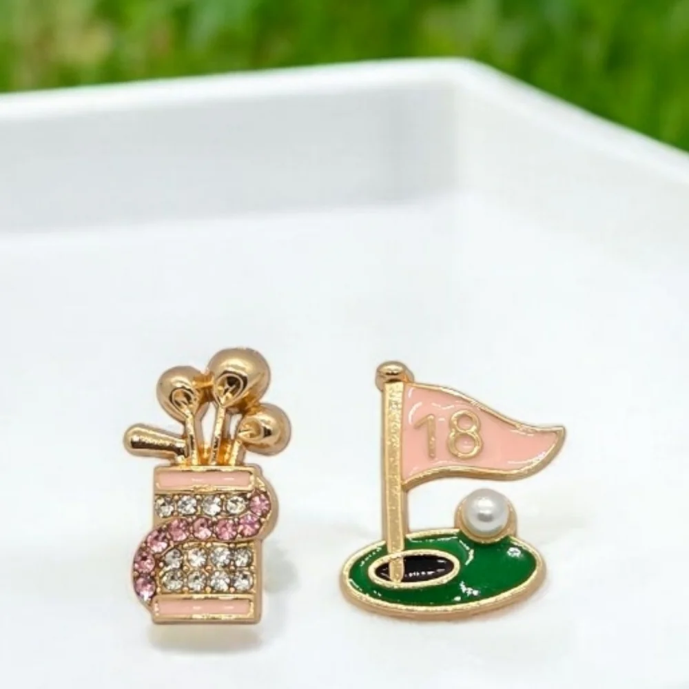 Golf Stud Earrings Pink Rhinestone Caddy Bag 18th Hole Flag Pearl Golfer Gift
